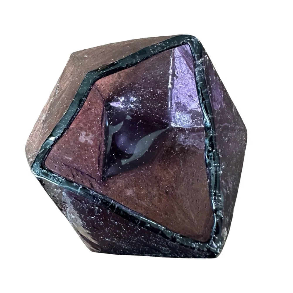 ANTHROPOLOGIE Geometric Amethyst Hand Blown Seeded Gem Glass Vase 6”x 8” Faceted